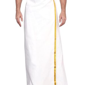 Gowri Tex Men's 100% Pure Cotton White With Gold Jari Lungi in Size 2 Mtrs Single Lungi- Pack Of 1